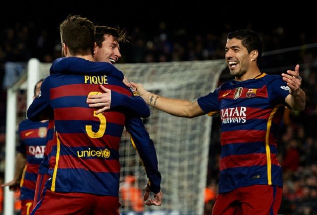 BARCELONA, SPAIN - FEBRUARY 28: Gerard Pique of Barcelona celebrates scoring his team's second goal with his teammates Lionel Messi and Luis Suarez (R) during the La Liga match between FC Barcelona and Sevilla FC at Camp Nou on February 28, 2016 in Barcelona, Spain. (Photo by Manuel Queimadelos Alonso/Getty Images)