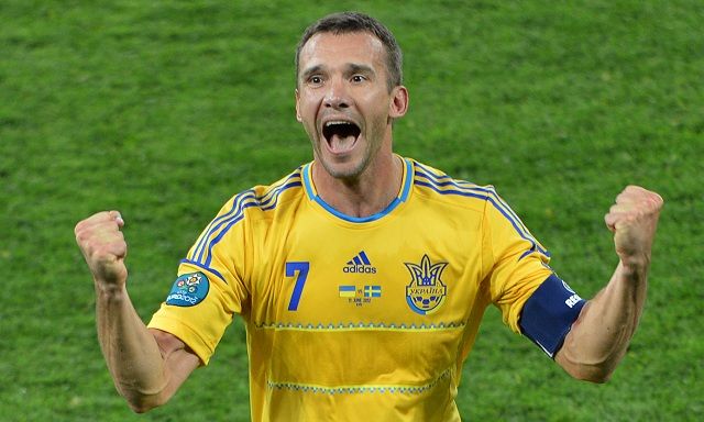 Ukrainian forward Andriy Shevchenko celebrates after scoring a goal during the Euro 2012 championships football match Ukraine vs Sweden on June 11, 2012 at the Olympic Stadium in Kiev. AFP PHOTO / SERGEI SUPINSKY (Photo credit should read SERGEI SUPINSKY/AFP/GettyImages)