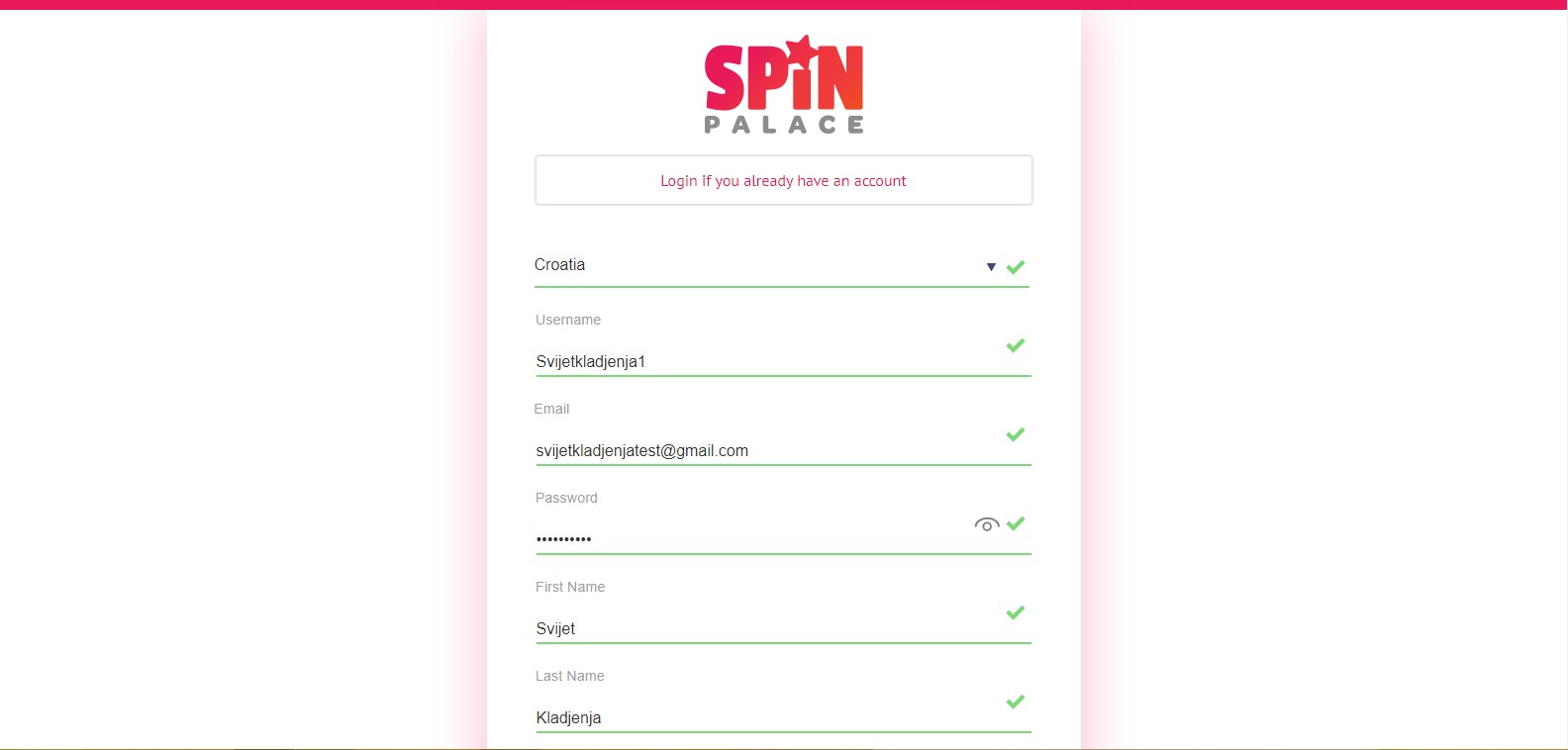 Spin Palace sign up